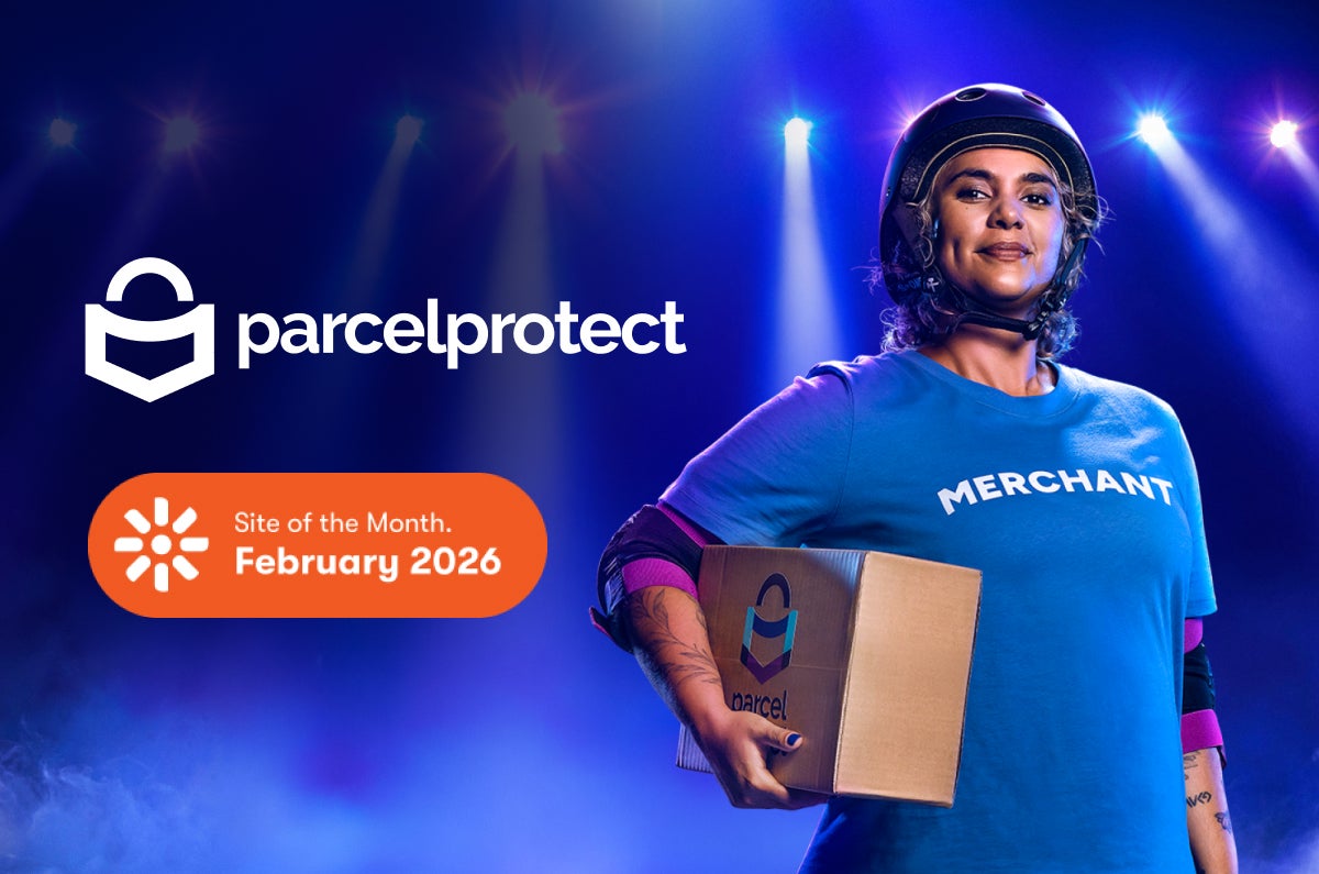 Parcel Protect character with logo and Kentico Site of the Month badge
