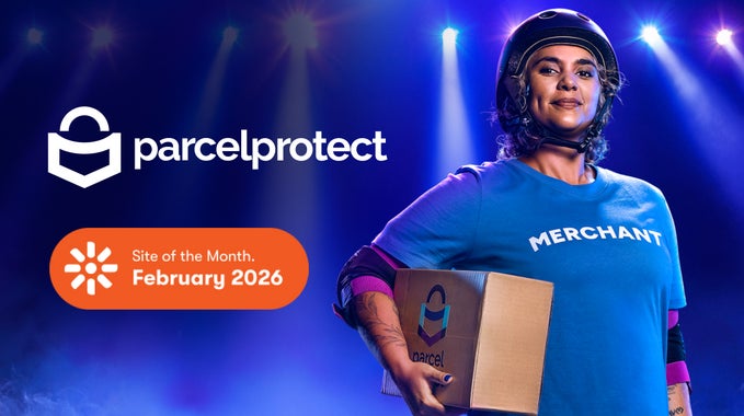 Parcel Protect character with logo and Kentico Site of the Month badge