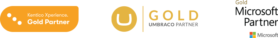 Kentico Xperience Gold Partner logo, Gold Umbraco Partner logo, Gold Microsoft Partner logo