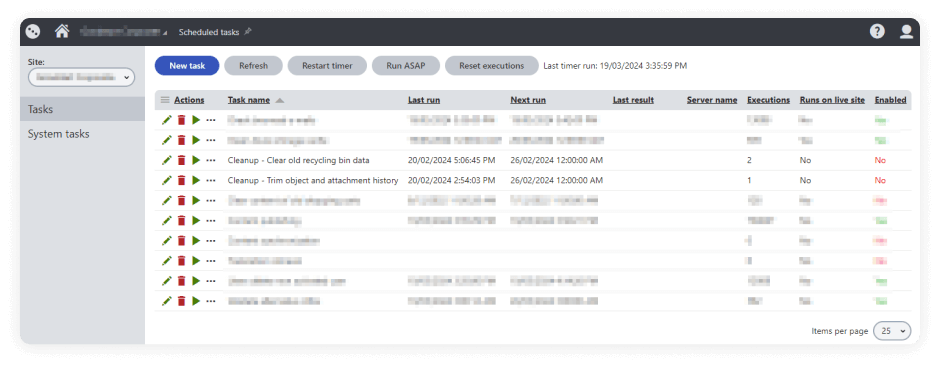 Screenshot of Automated clean-up of deleted objects from within the Kentico Admin