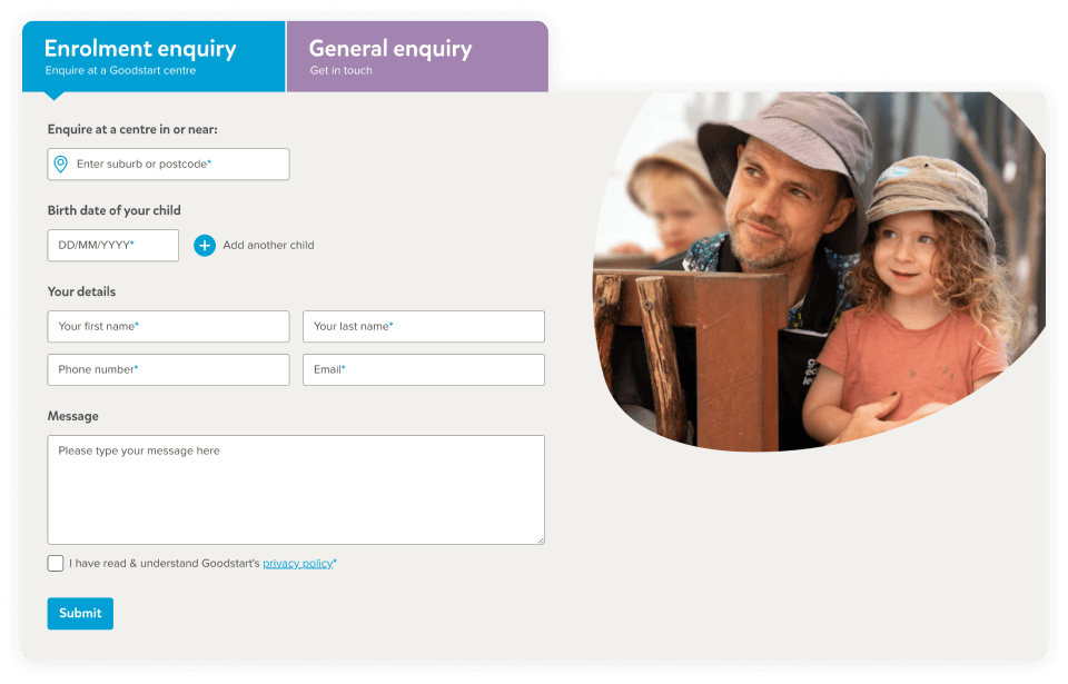 A tabbed contact form on the Goodstart website