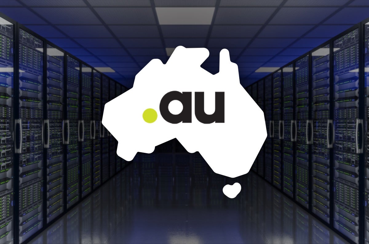 AU domain logo on map of Australia over server room