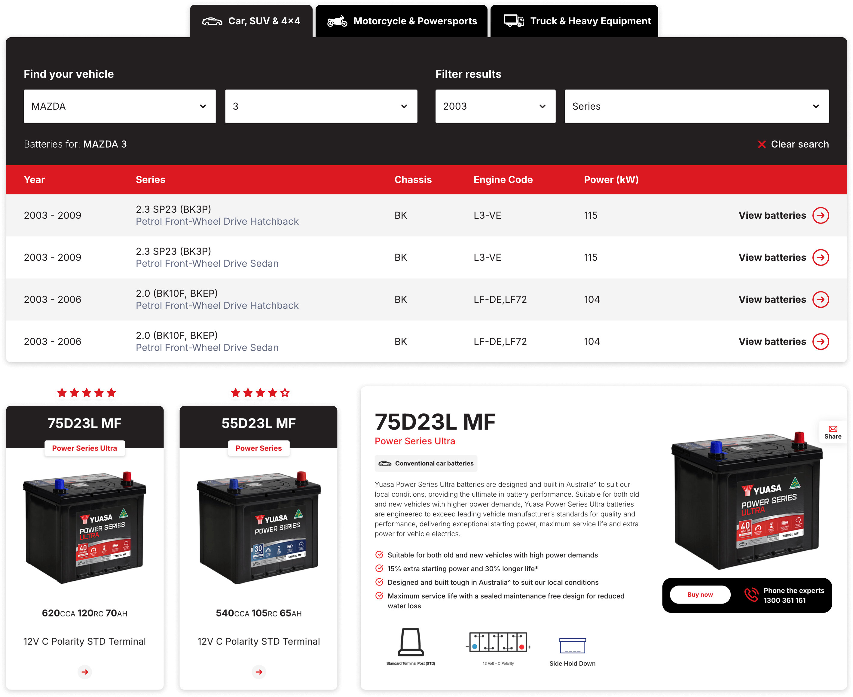 Battery finder user journey on the Yuasa Battery website