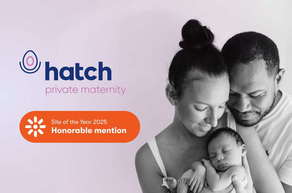 Hatch Private Maternity logo with Kentico Site of the Year 2025 Badge and photo of a new family