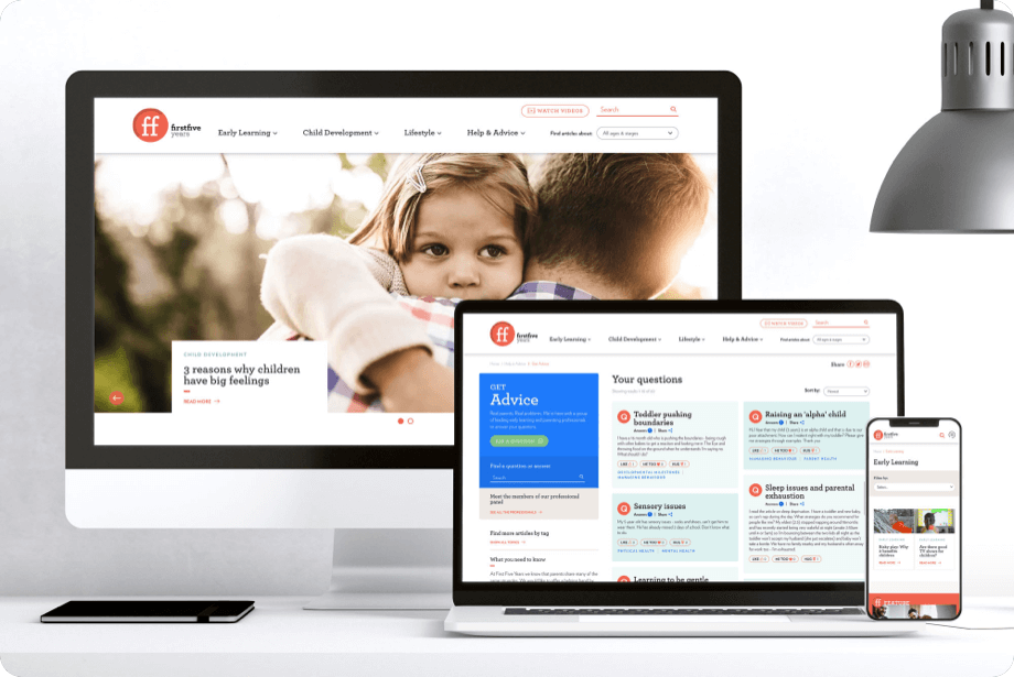 Mockup of the First Five Years website on a desktop, laptop and mobile device
