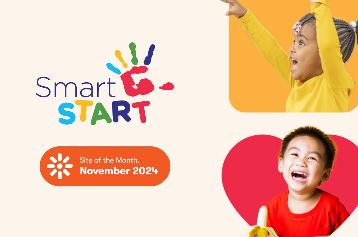 Smart Start logo, Kentico Site of the Month badge, and cheerful children