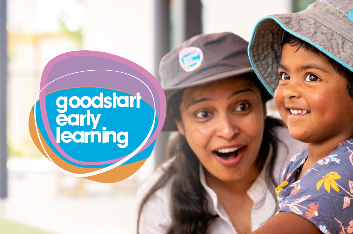 Goodstart educator and child overlayed with the Goodstart Early Learning logo