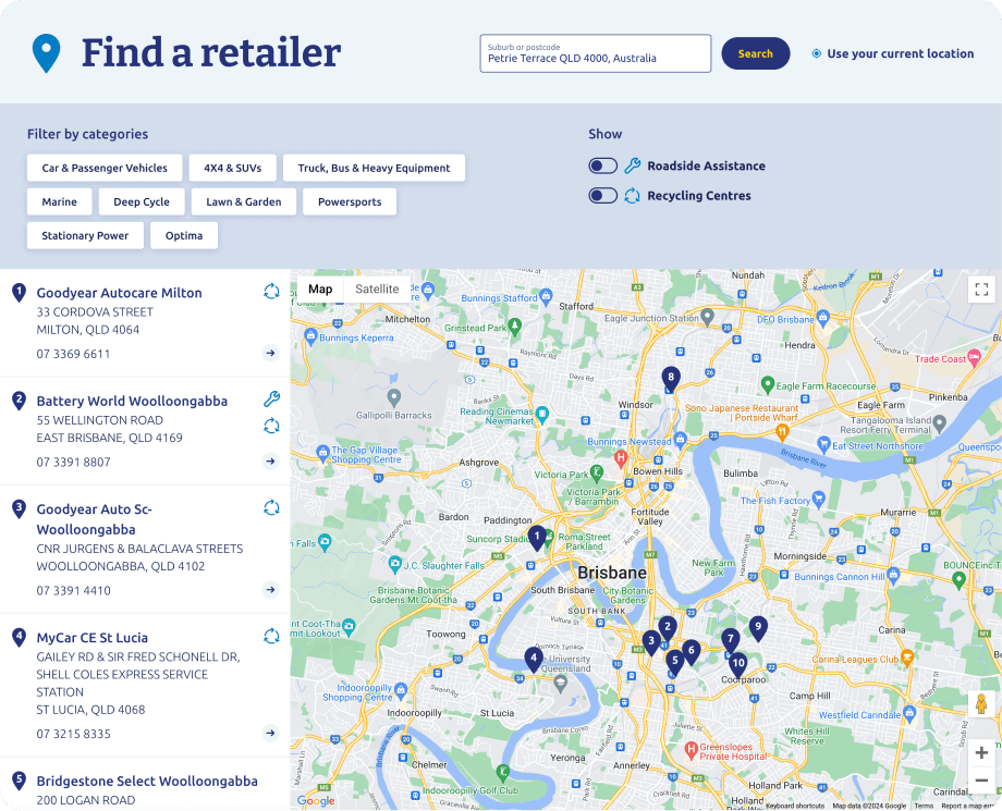 Screenshot of the Century Batteries Find a retailer search, listing and map