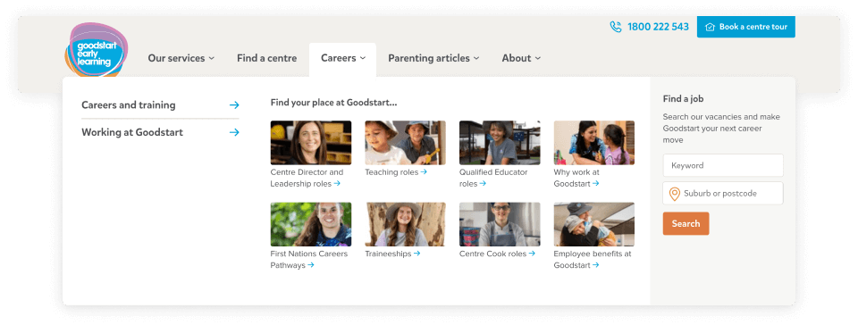 Goodstart website navigation showing the Careers drop down menu
