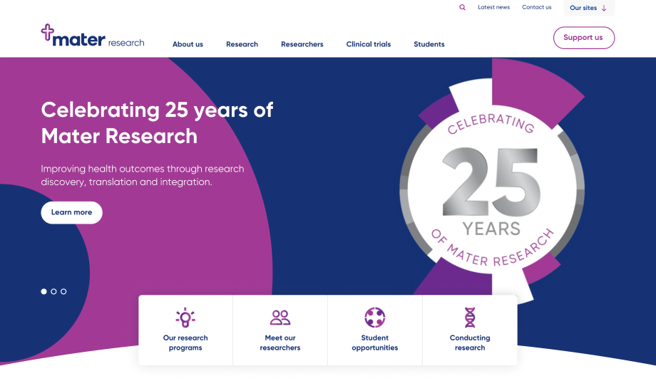 Screenshot of the Mater Research website homepage banner