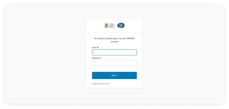 Screenshot of the RANZCP member login screen