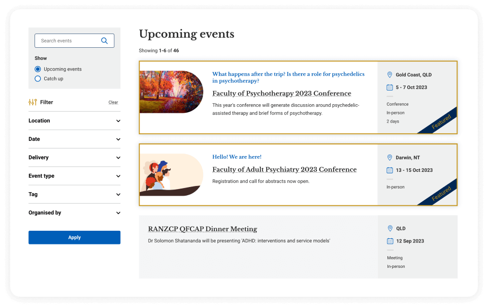 Screenshot of event listing and filtering on the RANZCP website